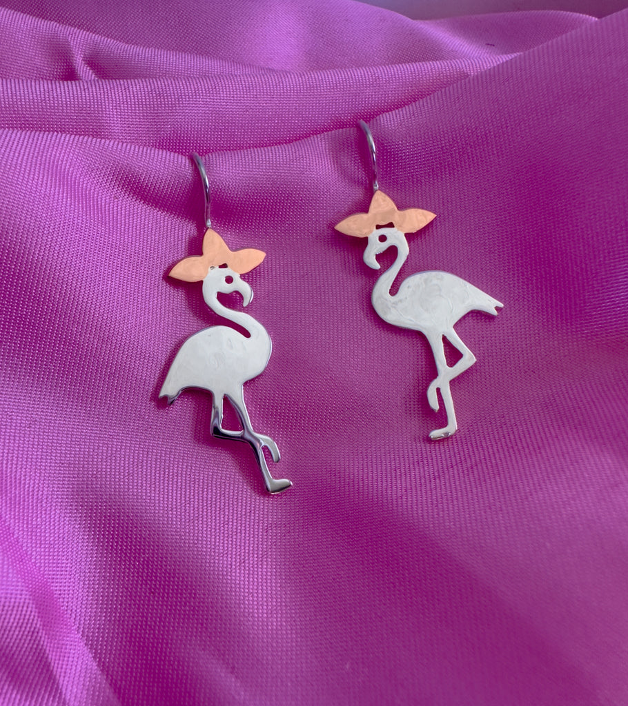 Flamingo Fiesta Drop Earrings hand made from Sterling Silver and Copper. Hangs just off the earlobe to allow movement.