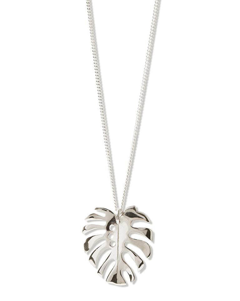 Fine Sterling Silver Curb chain with link attaching the Sterling Silver Monstera 3 pendant 