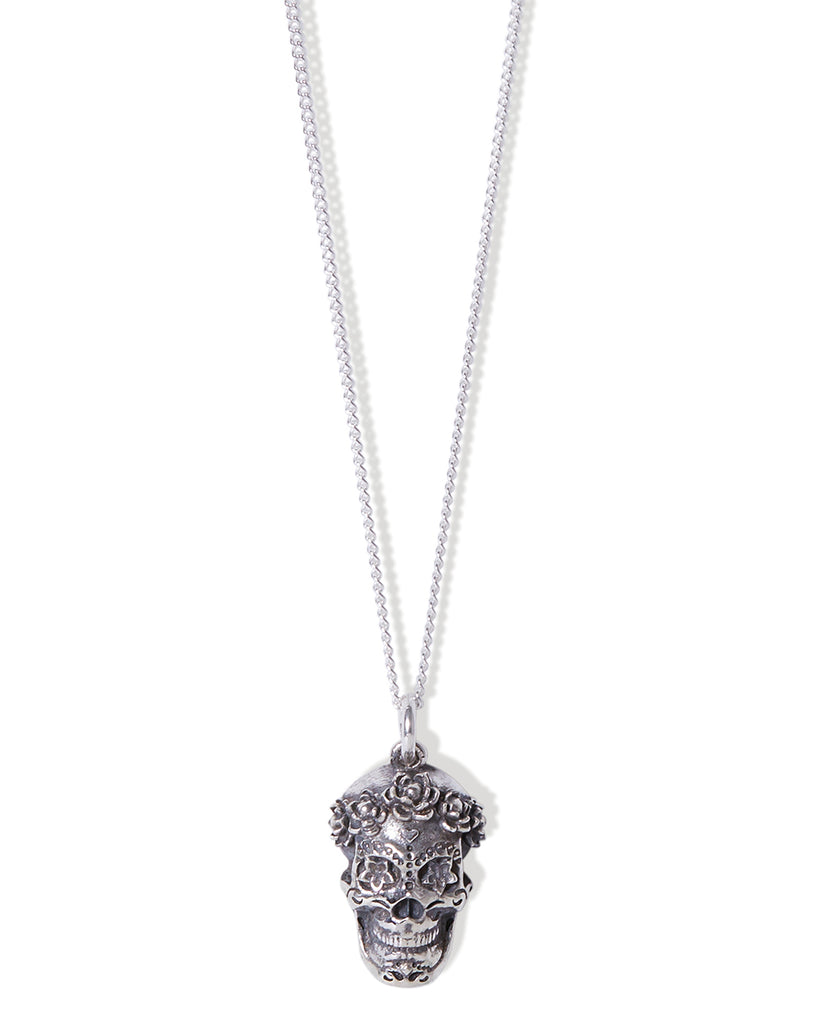 Fine Sterling Silver curb chain with link attaching Sterling Silver Sugar Skull pendant 