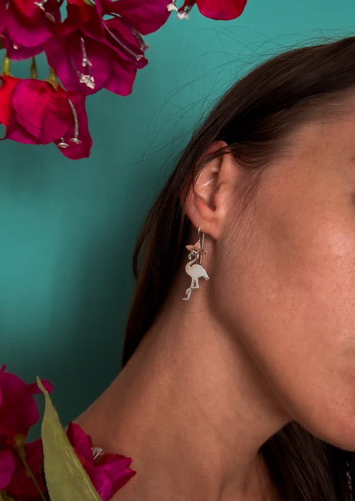 Flamingo Fiesta Drop Earrings hand made from Sterling Silver and Copper. Hangs just off the earlobe to allow movement.