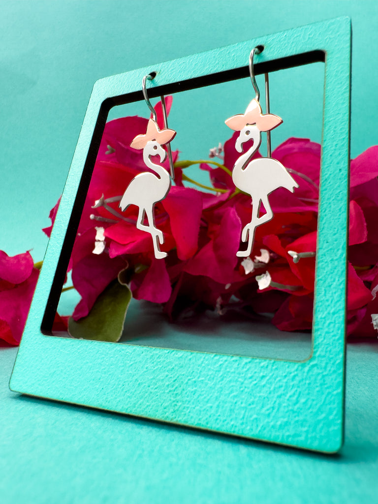 Flamingo Fiesta Drop Earrings hand made from Sterling Silver and Copper. Hangs just off the earlobe to allow movement.