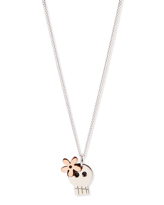 Fine Sterling Silver Curb chain with link and Sterling Silver Sugar Skull with oxidised parts and Copper Flower