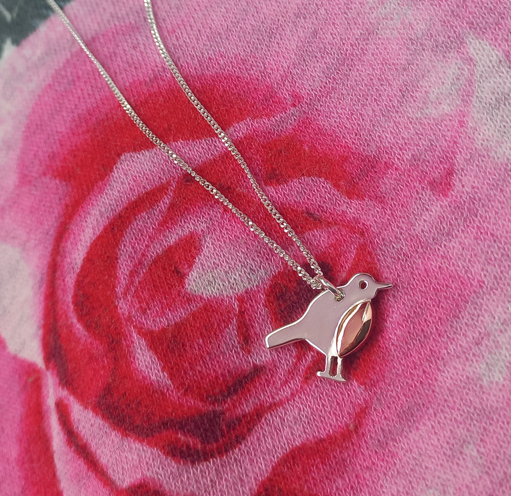 Fine Sterling Silver Curb Chain with link attaching Sterling Silver Red Breasted Robin with Copper