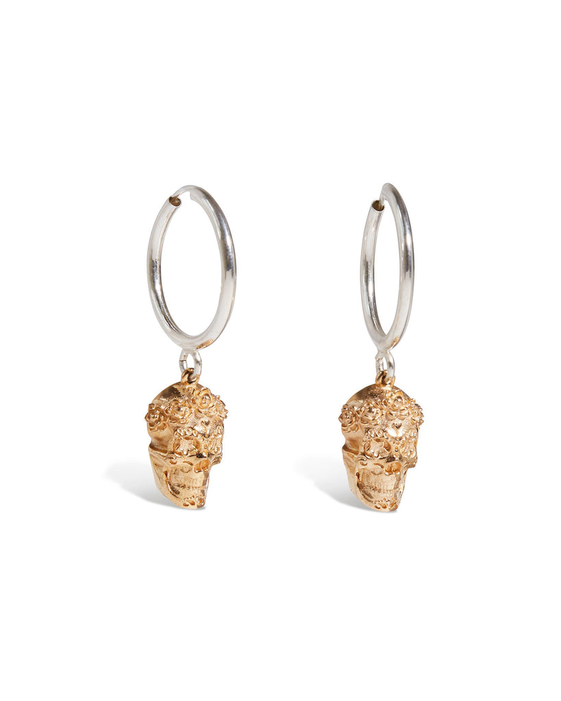 Sterling Silver hoop earring with link attaching Bronze Sugar Skull