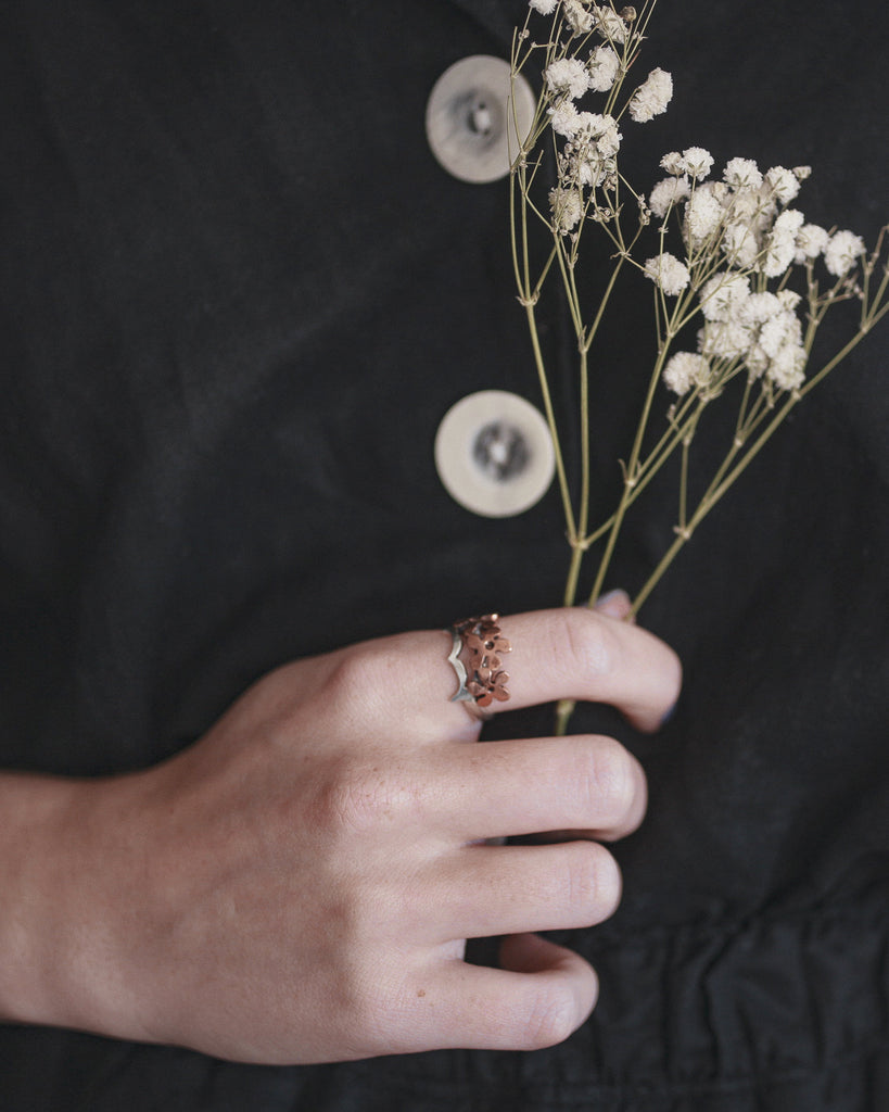 Frida Kahlo flower crown and eyebrow ring in Sterling Silver with Copper flowers. 