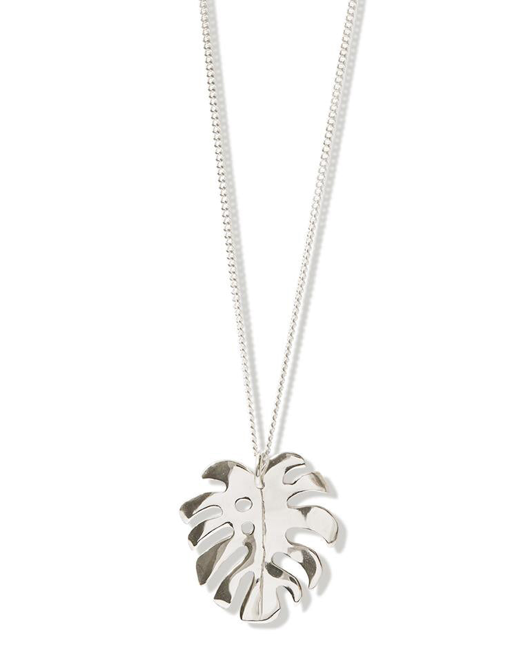 Fine Sterling Silver Curb chain with link attaching the Sterling Silver Monstera 2 pendant 