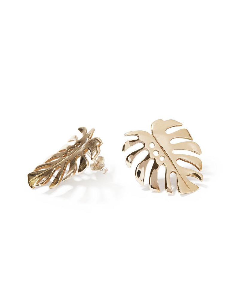 Bronze Monstera 3 stud with earring post and butterflies