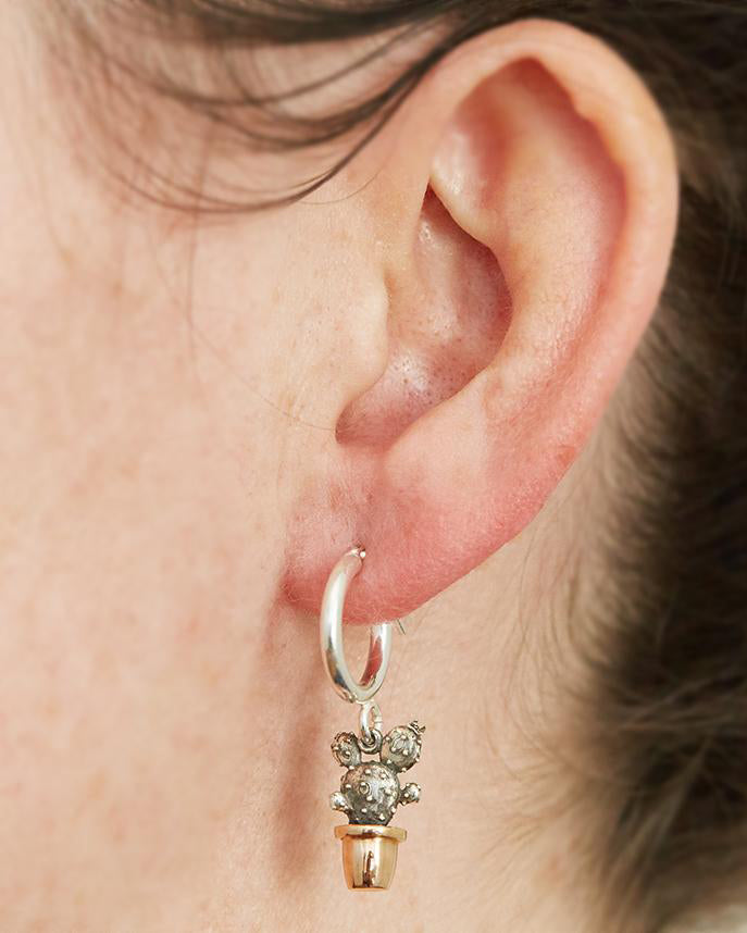 Sterling Silver Hoop with link attaching Sterling Silver Prickly Pear Cactus with Bronze Pot plant