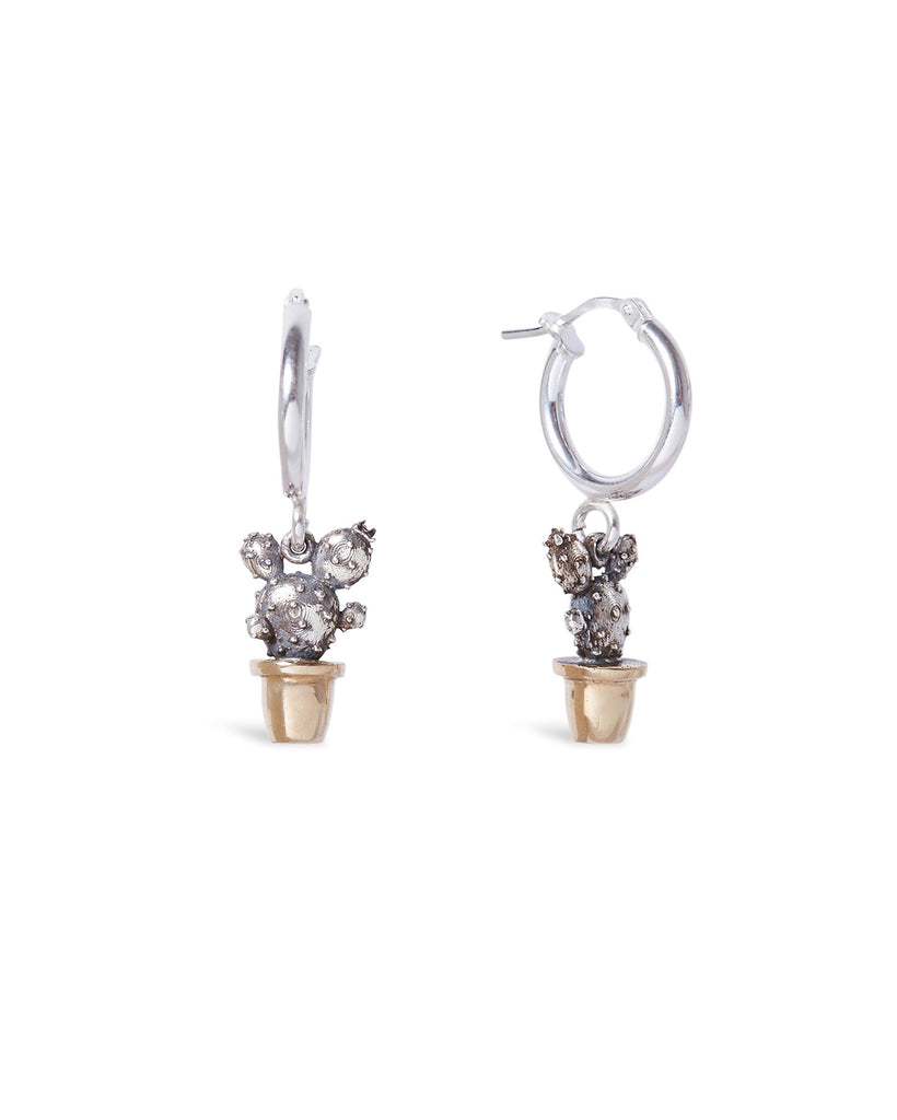 Sterling Silver Hoop with link attaching Sterling Silver Prickly Pear Cactus with Bronze Pot plant