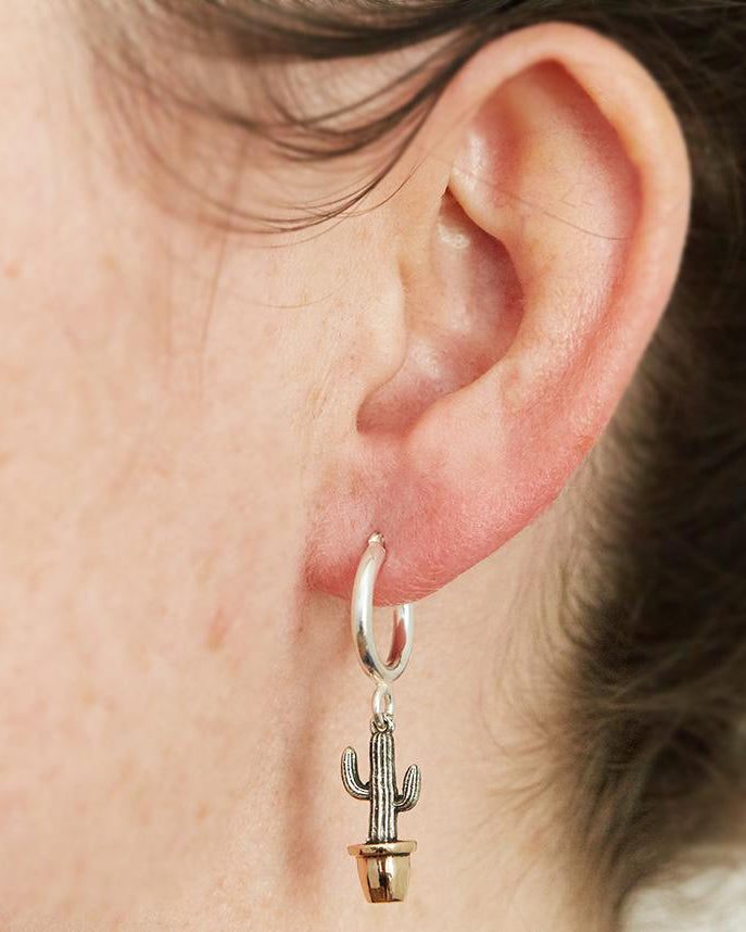 Sterling Silver Hoop with link attaching Sterling Silver Saguaro Cactus with Bronze Pot Plant