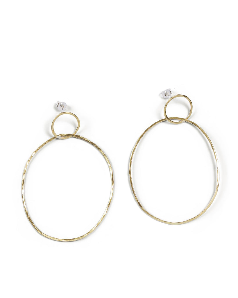 Brass hammered circle with Sterling Silver earring post and butterfly with large Brass oval hammered link