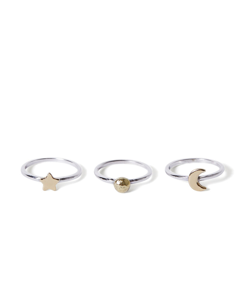 Stackable Sterling Silver ring with Brass Star, Planet and Moon