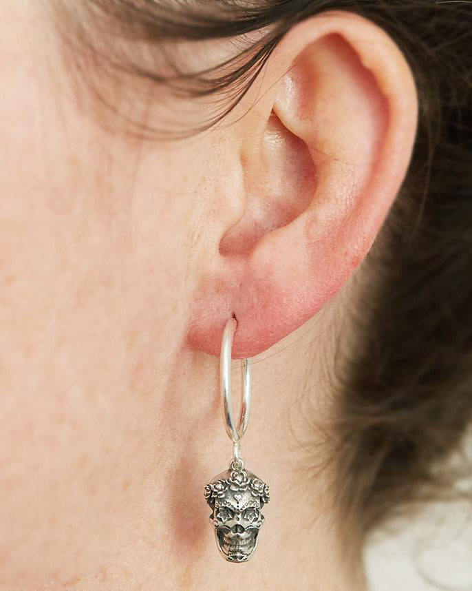 Sterling Silver hoop earring with link attaching Sterling Silver Sugar Skull